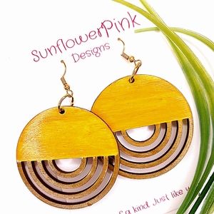 Mustard yellow Wooden Earrings, 2 inch round,Handpainted artisan,lightweight!